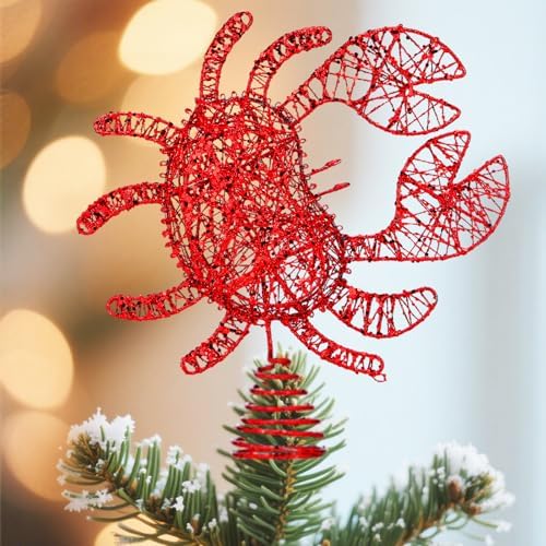 JellyArch Crab Christmas Trees Topper Coastal Christmas Tree Decoration 10in Glittered Red Crab Decoration Large Rattan Nautical Tree Topper for Xmas Home Beach Indoor Holiday Winter Gifts by JellyArch