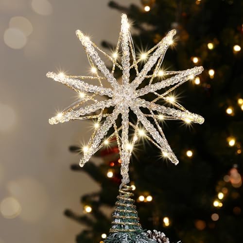 Luxspire Christmas Tree Topper, Lighted Star Tree Topper with USB Remote Control, 10"Clear Metal Christmas Decorations Lights,Light Up Xmas Tree Star Vintage Modern Ornaments for Home Party, Champagne by Luxspire