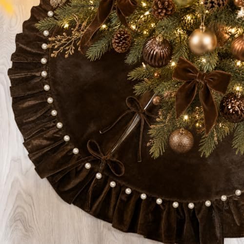 Dark Brown Velvet Christmas Tree Skirt, 36 Inch Christmas Tree Skirt with Ruffled Edge and Pearl Trim by Amidaky