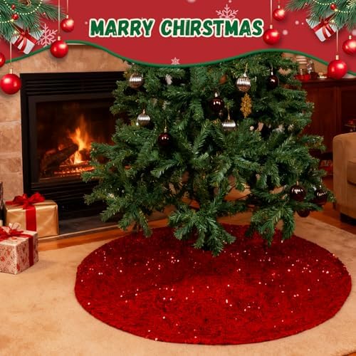 Christmas Tree Skirt 48 Inch, Red Sequin Christmas Trees Skirt, Large Sparkle Xmas Tree Stand Base Used for Christmas Holiday Indoor Home Decoration - Image 2