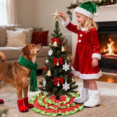 yuboo 24 Inch Tabletop Christmas Tree Skirt - Small Red and Green Polka Dots Ruffle Tree Skirt, Mini Xmas Tree Mat for Pencil Tree, Halloween Christmas Tree Decorations Ornaments - Image 4