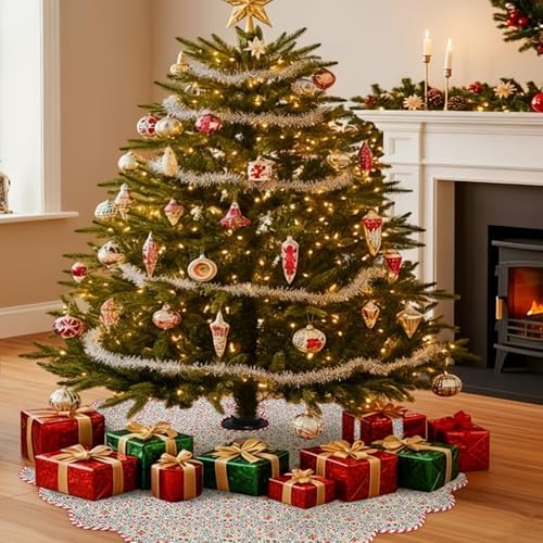 MiniInflat Quilted Christmas Tree Skirt - Vintage Floral Block Print Christmas Tree Skirt with Scalloped Edge Thicken Cotton for Home Decorations Holiday Party Gift(60 Inch,Gingham Floral,Orange) - Image 5