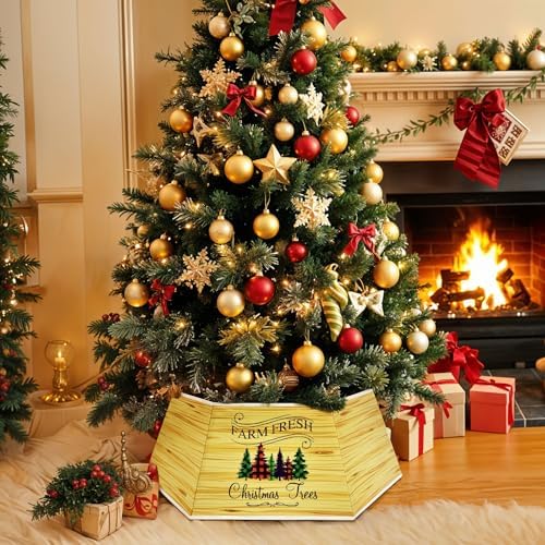 OurWarm Christmas Tree Collar Hexagon Christmas Tree Ring, 28" Fabric Collapsible Trees Skirt, Rustic Double-Sided Christmas Trees Box Base for Home Festive Xmas Decorations - Image 4