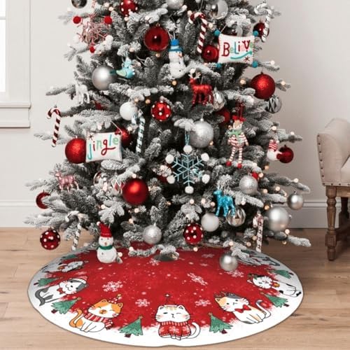 Christmas Cat Christmas Tree Skirt - Plush Polyester Mat Resistant with 3 Red Ties for Xmas, Halloween Decorations, Party Decor 48" - Image 5