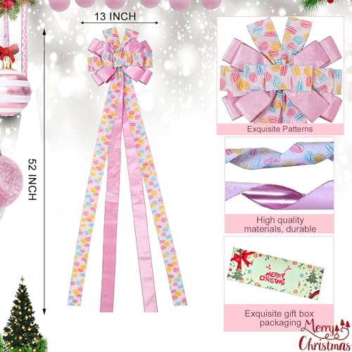 Christmas Tree Topper Wreath Bow Large Pink Christmas Bow Tree Topper 52"x13" Pink Hamburger Pattern Velvet Ribbon Gift Bows for Xmas Holiday Home Wedding Thanksgiving Indoor/Outdoor Decoration - Image 2