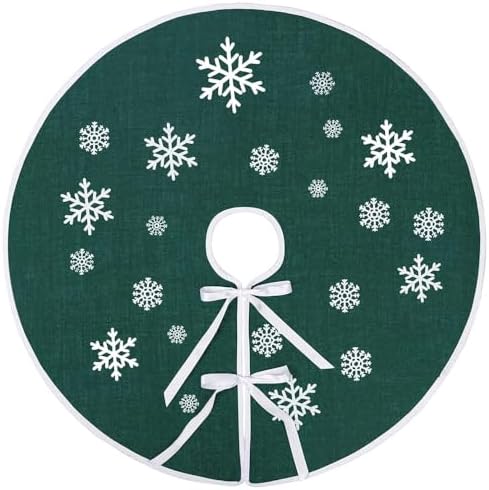 30 Inch Burlap Christmas Tree Skirt with White Snowflakes, Dark Green by MACTING