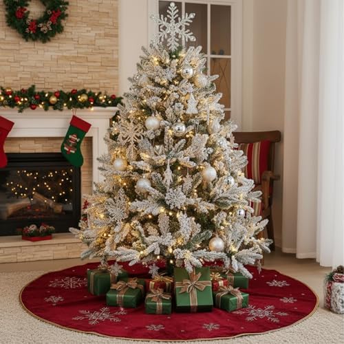 Burgundy Velvet Tree Skirt 48 Inch, Gold Snowflake Rhinestone - Image 3