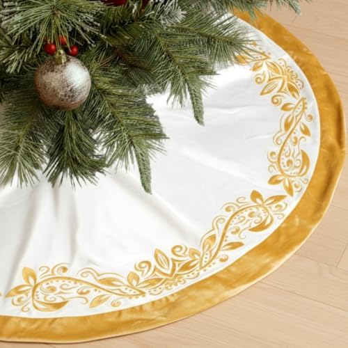 Arrowbash 48 Inch Vintage Velvet Christmas Tree Skirt Ivory Traditional Luxury Plush Fur Tree Skirt with Gold Victorian Venetian Embroidered Holly Leaf for Rustic Home Xmas Holiday Decoration by Arrowbash