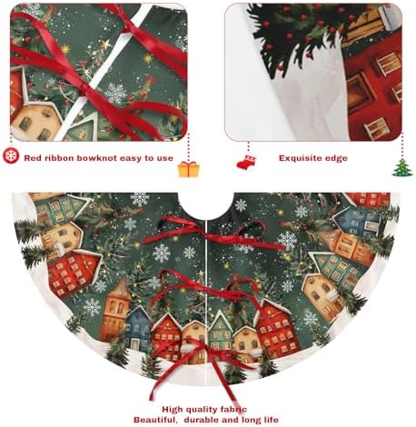 Dark Green Vintage Christmas Tree Skirt Winter 30 Inch Pine Tree Wonderland Forest Village Town House Snowflake Trees Skirts Mat for Xmas Holiday Ornament Rustic Farmhouse Decoration - Image 5