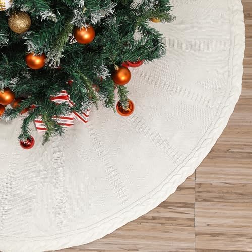 72 Inch Christmas Knitted Tree Skirt Giant White Chunky Xmas Tree Skirt Extra Large Braided Cable Knit Rustic Farmhouse Xmas Ornaments for Home Merry Christmas Holiday Winter Party Decoration by Bornerwhite