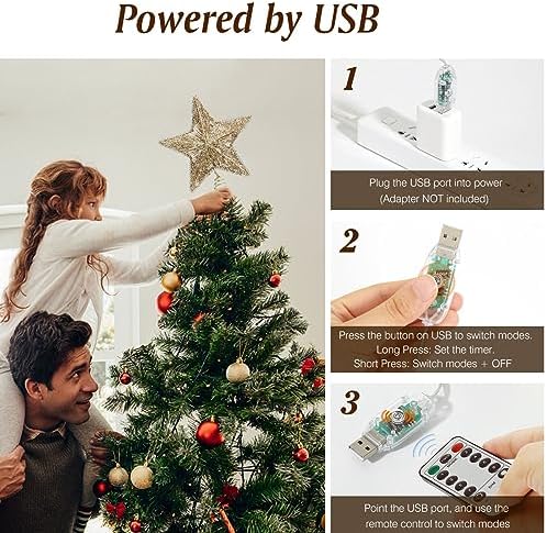 Lewondr Lighted Christmas Star Tree Topper with Remote & Timer, Champagne - Image 5