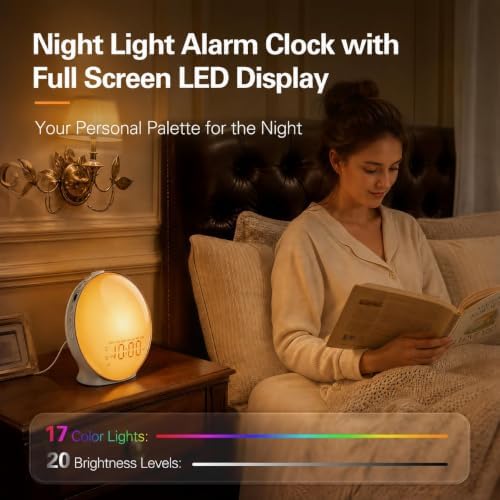 JALL Full-Screen Wake Up Light Sunrise Alarm Clocks for Bedrooms, White Noise Machine for Heavy Sleepers, 25 Natural Sounds, Dual Alarms, FM Radio, 17 Dimmable Colors, Bluetooth Speaker - Image 6