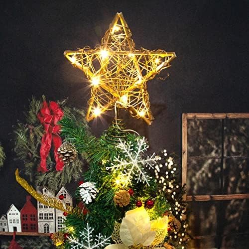 Christmas Tree Topper Farmhouse Christmas Decor Christmas Tree Decorations Rattan Natural Christmas Tree Star with 10 Warm LED Lights for Rustic Christmas Ornaments Holiday Seasonal Decoration 10 Inch - Image 4