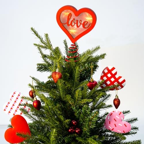 Fangoo 7.8 x 6 Inches Red Wooden Heart Tree Topper for Valentine's Day Decoration with Led Light Romantic Wooden Love Tree Toppers Ornaments for Party Decoration Wedding Home Decor Couple Gifts - Image 3
