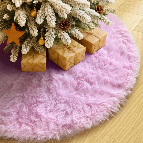 60 Inch Christmas Tree Skirt - Fluffy Faux Fur Pink Tree Skirt, Pink Plush Xmas Holiday Decor for Parties, Small Round Tree Skirt by Amidaky