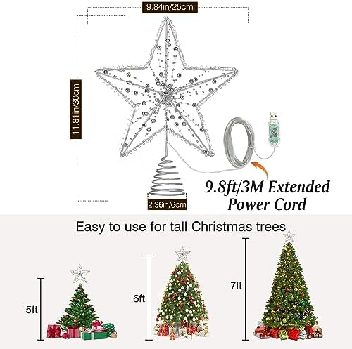 Lewondr Metal Christmas Star Tree Topper with Lights and Beads, Silver - Image 4