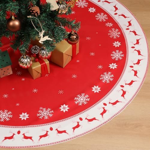 Multiwins Christmas Tree Skirt 48 inch, Large Snowflake Reindeer Red Xmas Tree Skirt, Thick Flannel Fabric, Best Christmas Decorations for Winter New Year by multiwins