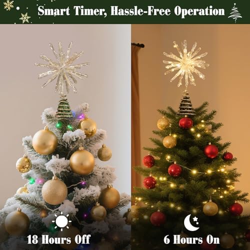 Lewondr Crystal Christmas Starburst Tree Topper with Lights, Gold - Image 3