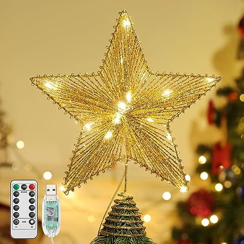 Lewondr Lighted Christmas Star Tree Topper with Remote & Timer, Shiny Gold by Lewondr