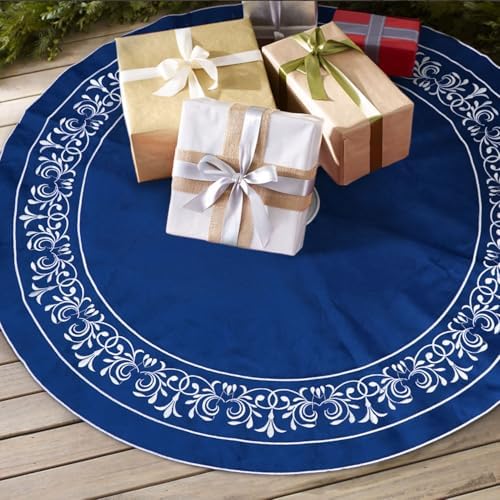 Blue Christmas Tree Skirt Velvet 30 inch，Elegant Velvet Fur Plush Blue Tree Skirt, Xmas Tree Skirts with Floral Embroidered Vintage Pattern Round for Merry Christmas Party Xmas Tree Decorations - Image 3