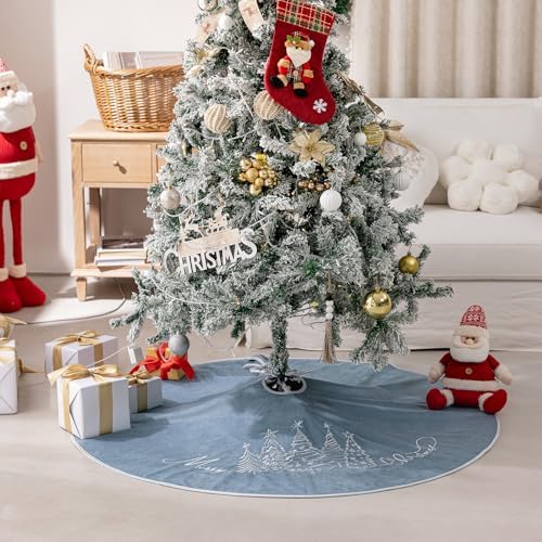 CROWNED BEAUTY 48 Inch Blue Velvet Christmas Tree Skirt, Tree Embroidery - Image 2