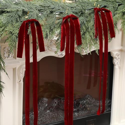 Janinka 12 Long Burgundy Christmas Velvet Bow Ornament Vintage Tree Decor - Image 3