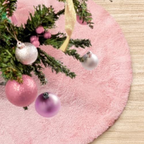 Christmas Tree Skirt 24 inch Pink Faux Fur Soft Fluffy Ornaments Xmas Tree Skirts for Xmas Tree Ornaments and Party Holiday Decorations - Image 2