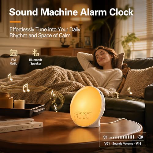 JALL Full-Screen Wake Up Light Sunrise Alarm Clocks for Bedrooms, White Noise Machine for Heavy Sleepers, 25 Natural Sounds, Dual Alarms, FM Radio, 17 Dimmable Colors, Bluetooth Speaker, Metallic Gray - Image 7