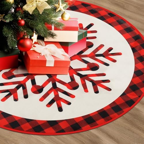 FINPAC Christmas Tree Skirt, Red Plaid Xmas Luxury Romantic Thick Holiday Tree Ornaments Decoration for Christmas Holiday New Years Party Decor Indoor Outdoor Farmhouse by FINPAC
