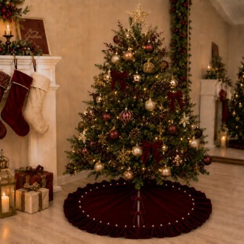 Wine Red Velvet Christmas Tree Skirt, 36 Inch Christmas Tree Skirt with Ruffled Edge and Pearl Trim - Image 7
