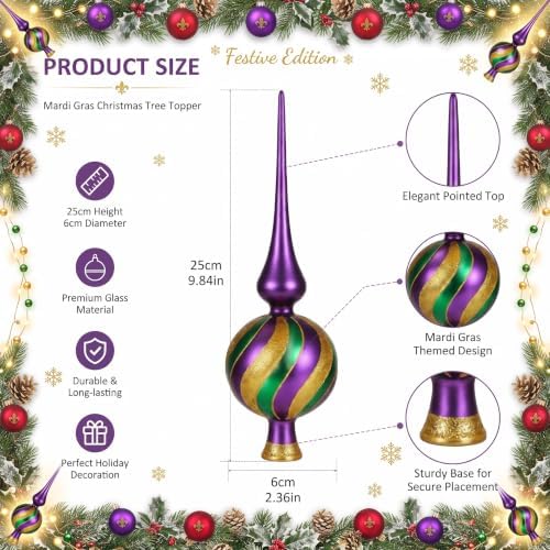 Gejoy Mercury Glass Christmas Finials Tree Topper Mardi Gras Ornaments Spherical Blown Glass Xmas Tree Topper Finials Carnival Masquerade Holiday Indoor Suitable for Party Decoration, 9.8inches - Image 2