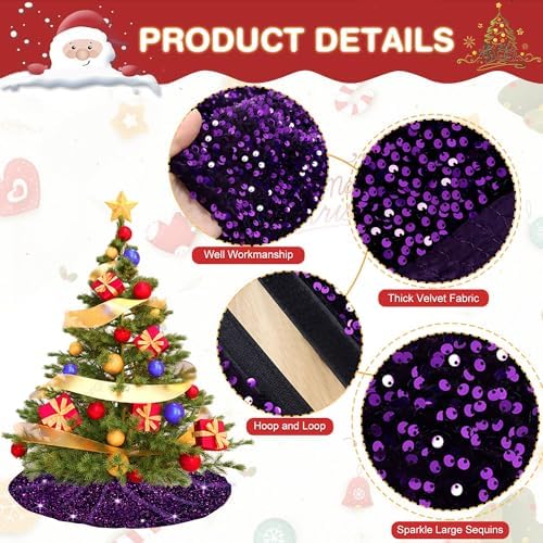 Purple Christmas Tree Skirt Large Sequin Trees Skirt 48 Inch Velvet Tree Skirts Halloween Tree Skirt Collar Merry Christmas Trees Skirt for All Seasons Purple Christmas Decor - Image 3
