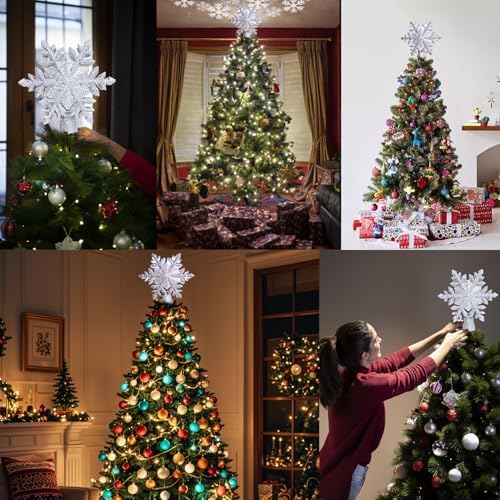 YIJXPOIN Christmas Tree Topper Lighted, Christmas Star Tree Topper LED Rotating Lights, 3D Silver Snowflake Star Tree Top Glitter Projector for Indoor Xmas Party Holiday Decorations - Image 6