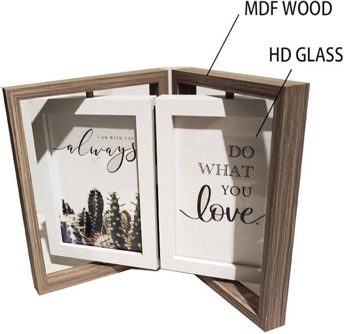 Wooden Hinged Double floating rotating Picture Frame for Photos, 4 * 6 5 * 7 vertical photo Natural Finish (grey color, 5 * 7in)