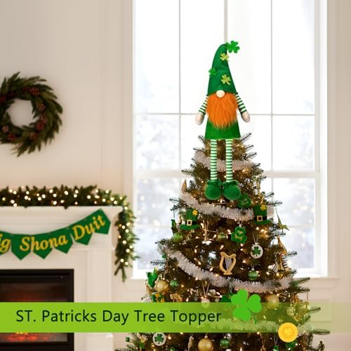Soulchen 21 Inch Extra Large St. Patricks Day Tree Topper Leprechaun Gnome Tree Topper with Long Dangling Legs Oversized Irish Green Shamrock Sitting Treetop Decoration for Holiday Party Decor - Image 3