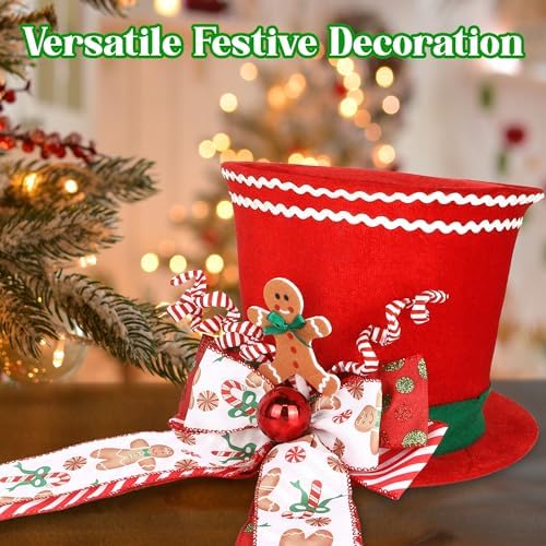 HMASYO Gingerbread Christmas Tree Topper, Velvet Red Tree Topper Hat with Candy Cane Gingerbread Ornament Bows, Top Hat Xmas Tree Topper for Home Office Holiday Tree Decoration Xmas Festive Gift - Image 5