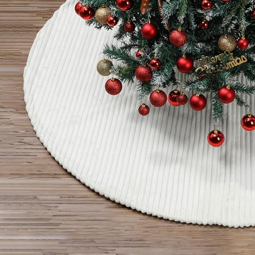 60 Inch Large Faux Fur White Christmas Tree Skirt for 6ft to 9ft Tree with Stripe Textured Pattern Soft Beige Boho Luxury Xmas Trees Decorations for Party Home Decor by Bornerwhite