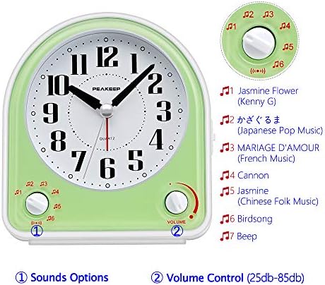 Peakeep Analog Alarm Clock Non-Ticking Silent, 7 Wake-up Sounds | with Volume Control, Nightlight and Snooze, AA Battery Operated (Green) - Image 2
