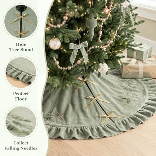 Velvet Christmas Tree Skirt, 60 Inches, Bow Style, Sage Green - Image 3