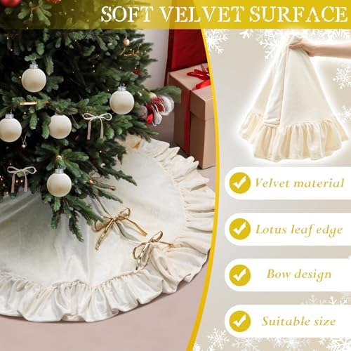 Velvet Christmas Tree Skirt, 48 Inches, Bow Style, Ivory White - Image 3