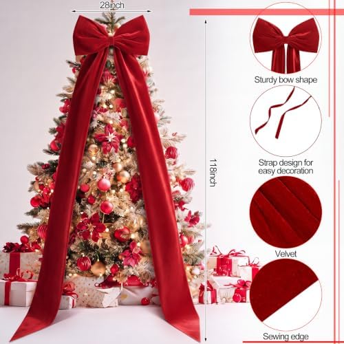 Knitgrip Extra Large Velvet Christmas Tree Topper Bow, Red, 118 Inch - Image 2