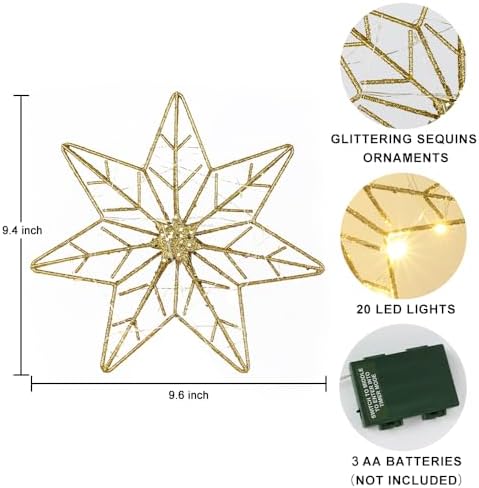YEAHOME Christmas Tree Topper, Gold Glittered Hollow 7-Point Star Tree Topper, Lighted Wire Star with 20 LED Lights for Christmas Treetop, Xmas Tree Topper with Timer, Christmas Tree Decorations - Image 3