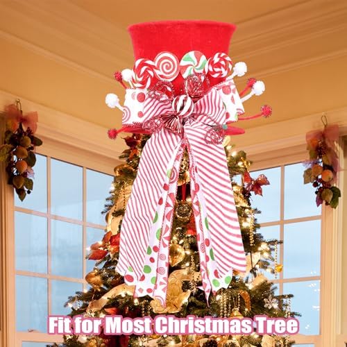 HMASYO Candy Cane Christmas Tree Topper, Velvet Red Tree Topper Hat with Candy Peppermint Bows Ribbon Ornament, Top Hat Christmas Tree Topper for Home Office Holiday Tree Decoration Xmas Gift - Image 2