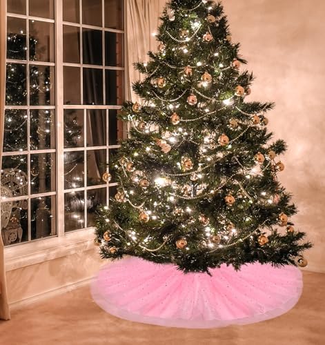 FIABC Christmas Wedding Tree Skirt,45 inch 4-Layer Fluffy Romantic Pleated Sparkly Skirt Decoration Xmas Tree Ornament for Holiday and Party(Pink) - Image 6