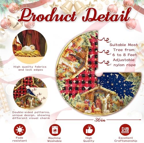 Double Sided Buffalo Plaid Nativity Christmas Tree Skirt, 36 Inch Red Tree Skirt, Jesus Nativity Holy Night Soft Farmhouse Holiday Xmas Trees Decoration, Nativity Christmas Blue Tree Skirt - Image 4