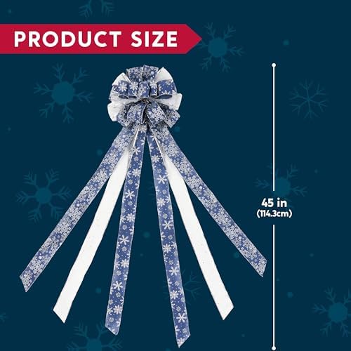 JOIEDOMI 45 Inch Christmas Tree Topper Wreath Bow, Blue and Silver Ribbon Ornaments with Snowflakes and Glitter, Large Gift Decor for Xmas Holiday Themed Decoration Home Parties Wedding - Image 5
