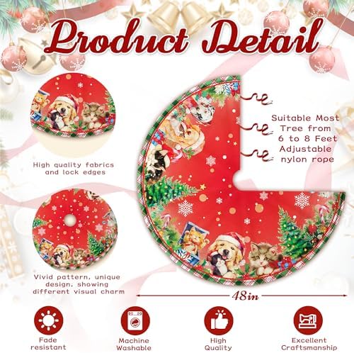 48 Inch Christmas Tree Skirt with Cats and Dogs, Christmas Soft Farmhouse Holiday Xmas Trees Decoration, Red Tree Skirt Indoor Outdoor, Christmas Tree Skirt Decoration - Image 3
