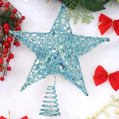 URATOT Glittered Christmas Tree Topper Metal Christmas Treetop Hallow Wire Star Topper for Christmas Home Decoration (8 inches, Blue) - Image 4