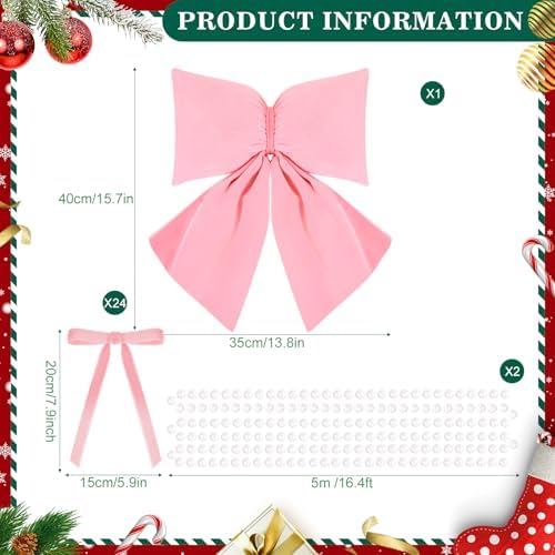 Pink Valentines Day Christmas Tree Decoration Set Include 24 Pcs Velvet Ornaments Bows with Pink Bow Tree Topper, 16.4 FT White Pearl Beads Garland for Valentines Day Garland Wreath Holiday Decor - Image 2
