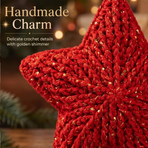 Syhood 10 Inch Crochet Star Christmas Tree Topper Red Christmas Ornament Glitter Star Farmhouse Holiday Xmas Decor for Xmas Trees Ornament Party Decoration - Image 2